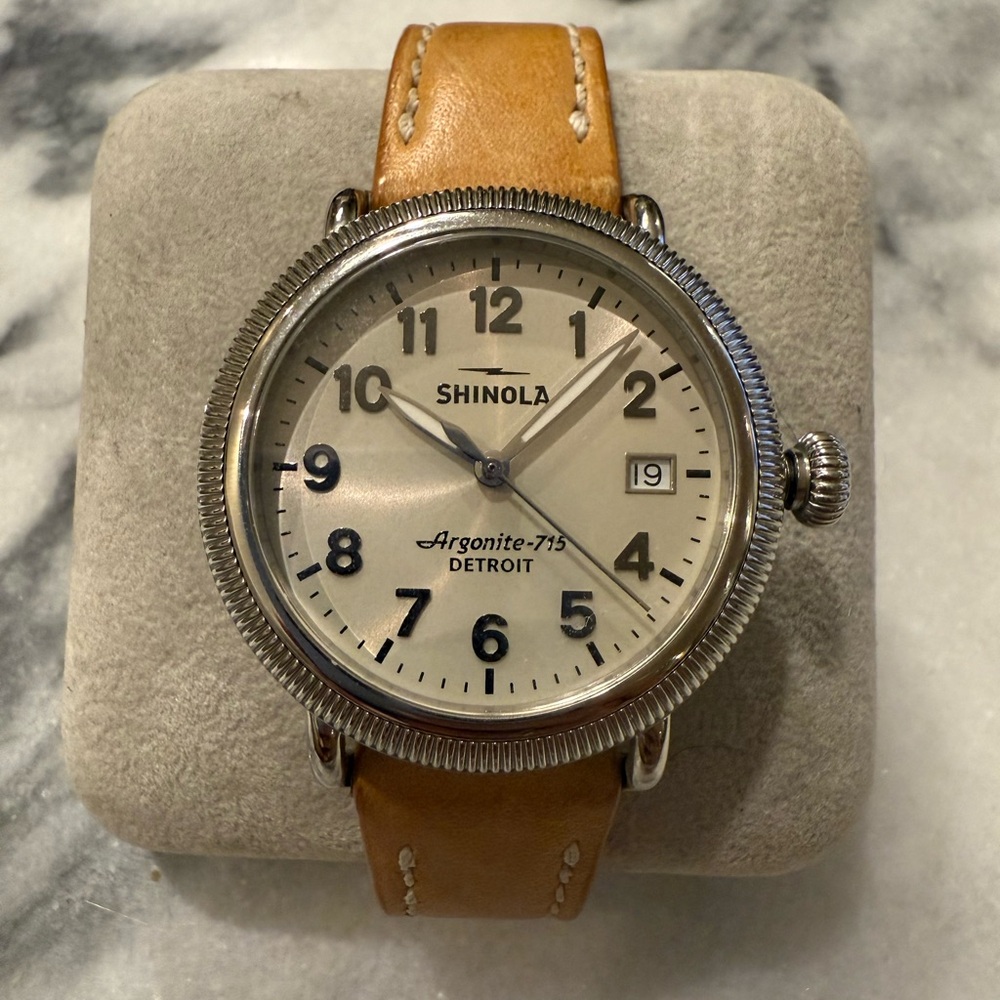 Shinola Argonite-715 silver with tan strap